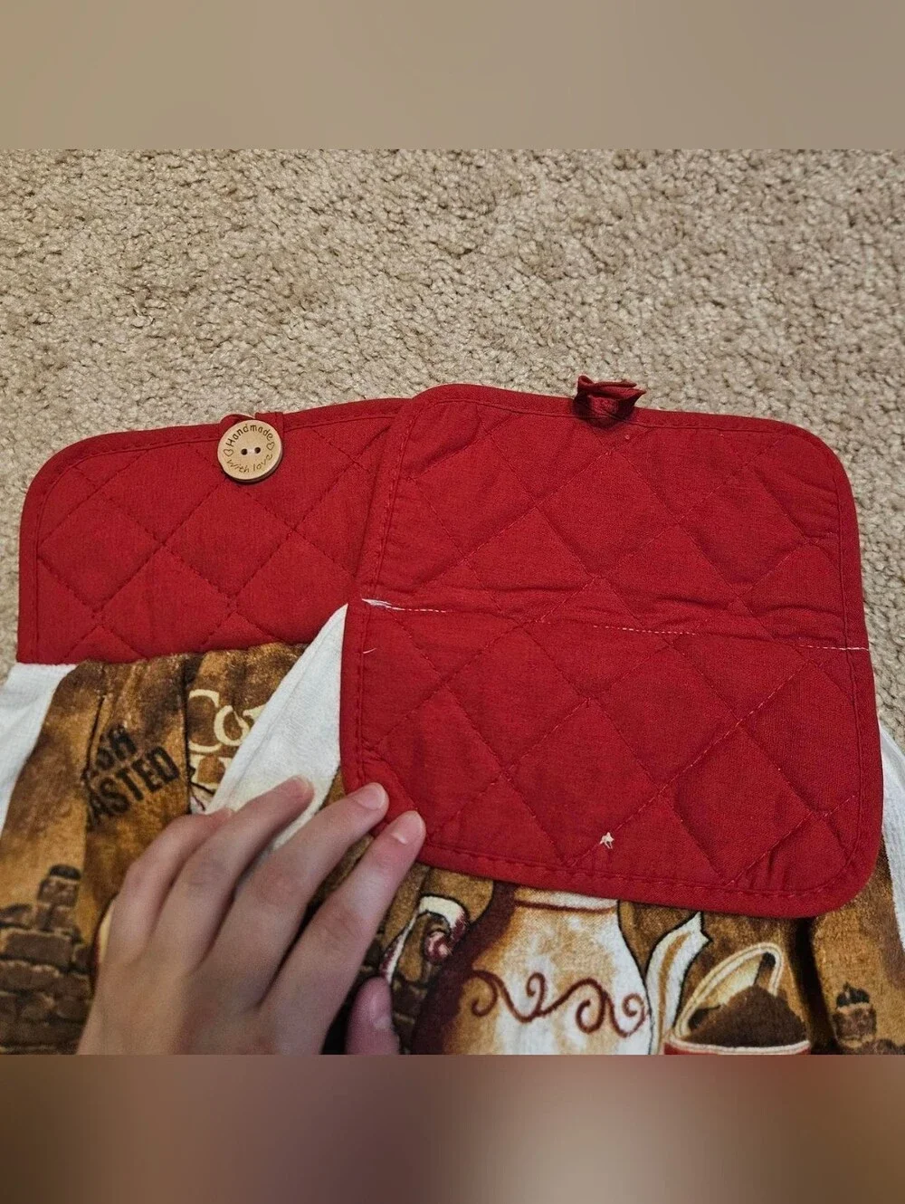 2 Handcrafted Towels Attached To Potholders | Red, White, Brown | Coffee - Picture 3 of 4